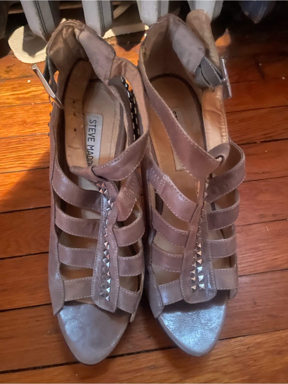 Steve Madden Taupe Strappy Studded Block Heel Sandals
